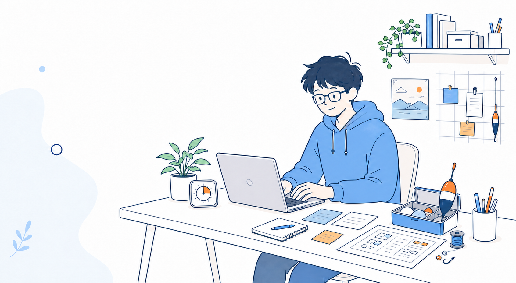 Webサービスを制作する小さな作業場のイラスト